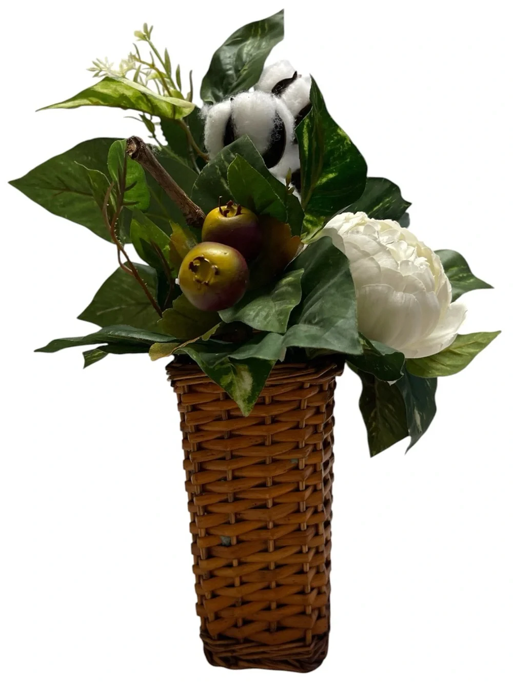 Handmade Wicker Wall Basket Faux Cotton Peony Botanical Floral Decor